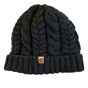 Timberland Cable Knit Beanie Hat Black Fleece Lined Warm Winter